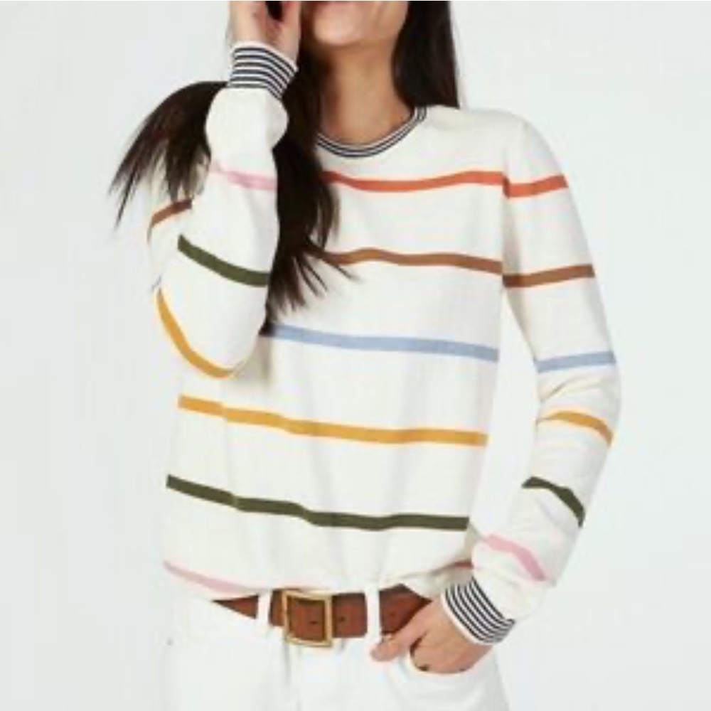 Faherty Cream Crewneck Sweater with Multicolor Stripes